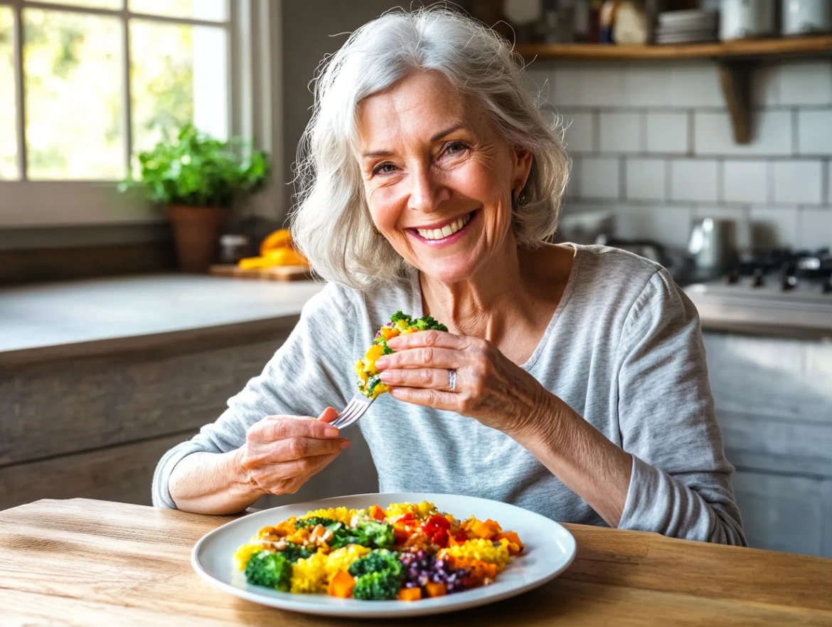 Літня жінка насолоджується здоровою їжею на своїй затишній кухні